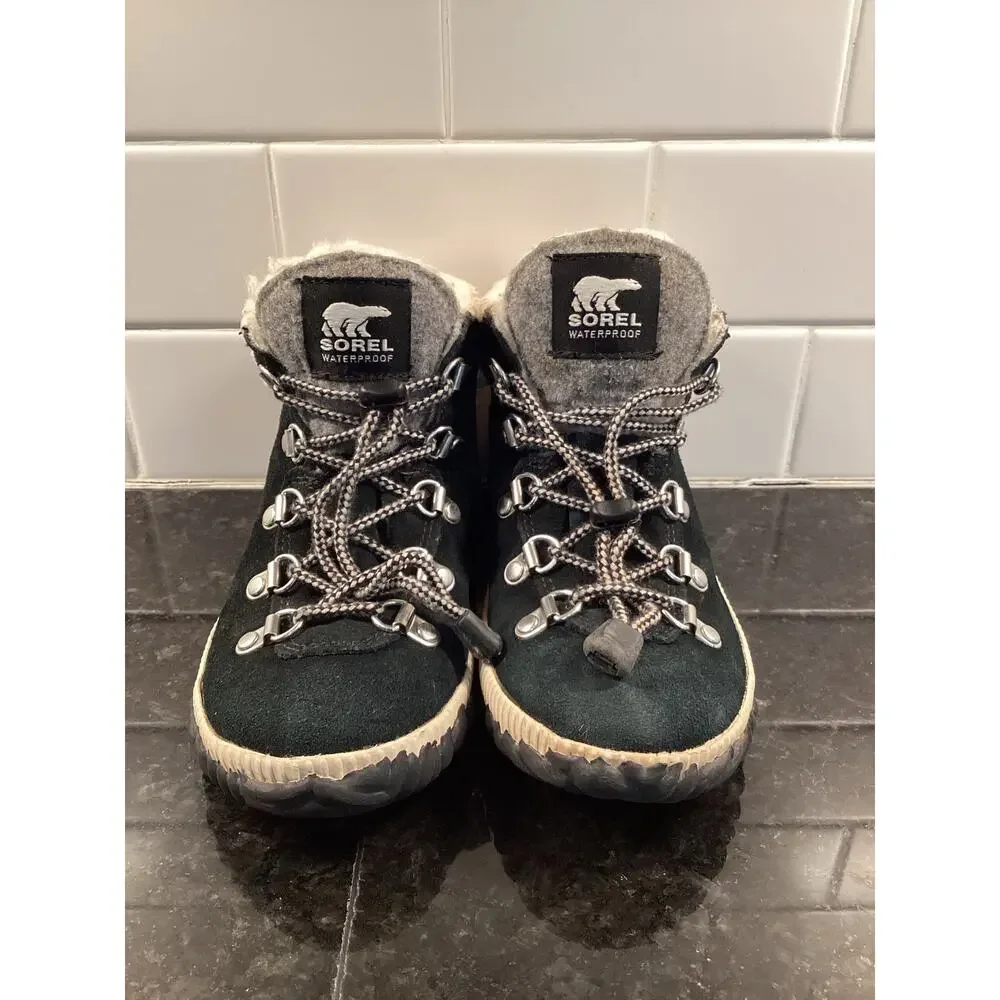 Sorel Kids Out 'N About Conquest Waterproof Boots with‎ Faux Fur Trim Black SZ 1